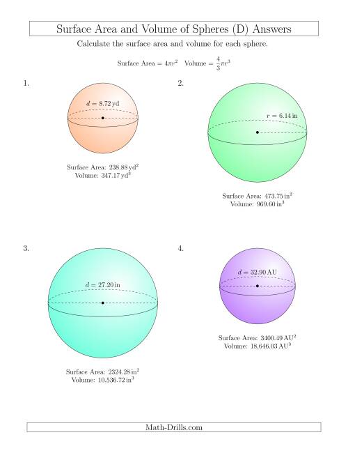 The Volume and Surface Area of Spheres (Two Decimal Places) (D) Math Worksheet Page 2