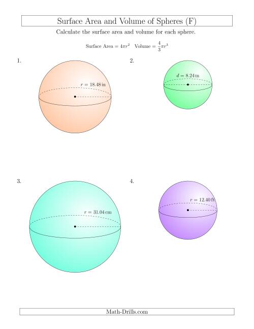 The Volume and Surface Area of Spheres (Two Decimal Places) (F) Math Worksheet