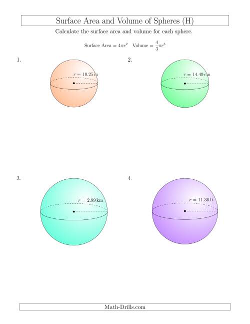 The Volume and Surface Area of Spheres (Two Decimal Places) (H) Math Worksheet