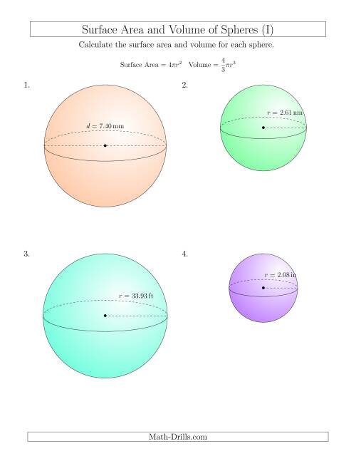 The Volume and Surface Area of Spheres (Two Decimal Places) (I) Math Worksheet