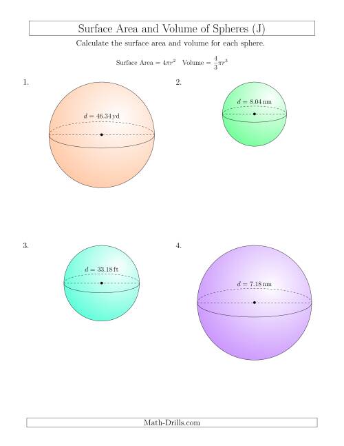 The Volume and Surface Area of Spheres (Two Decimal Places) (J) Math Worksheet