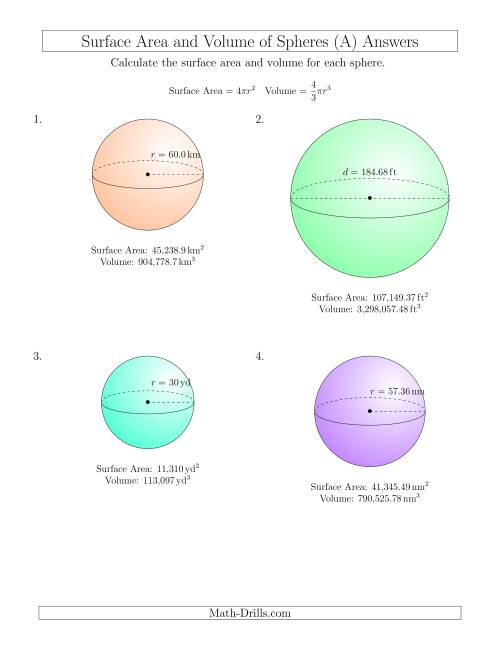The Volume and Surface Area of Spheres (Large Input Values) (A) Math Worksheet Page 2