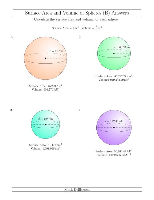 The Volume and Surface Area of Spheres (Large Input Values) (B) Math Worksheet Page 2
