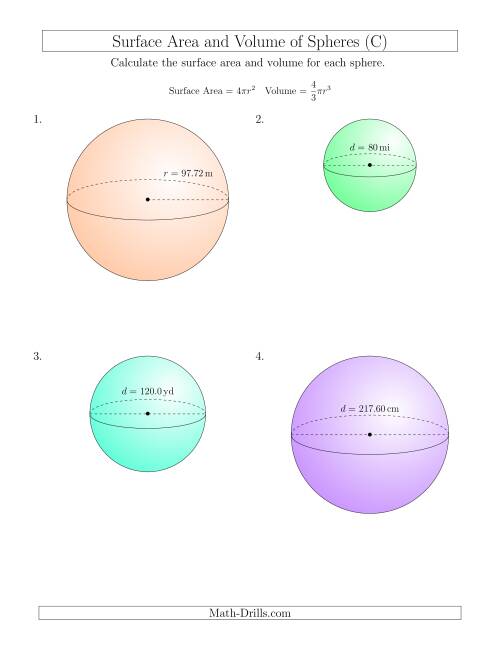 The Volume and Surface Area of Spheres (Large Input Values) (C) Math Worksheet