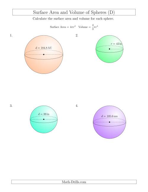 The Volume and Surface Area of Spheres (Large Input Values) (D) Math Worksheet