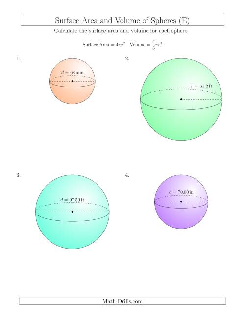 The Volume and Surface Area of Spheres (Large Input Values) (E) Math Worksheet