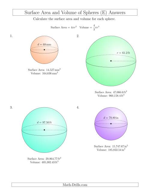 The Volume and Surface Area of Spheres (Large Input Values) (E) Math Worksheet Page 2