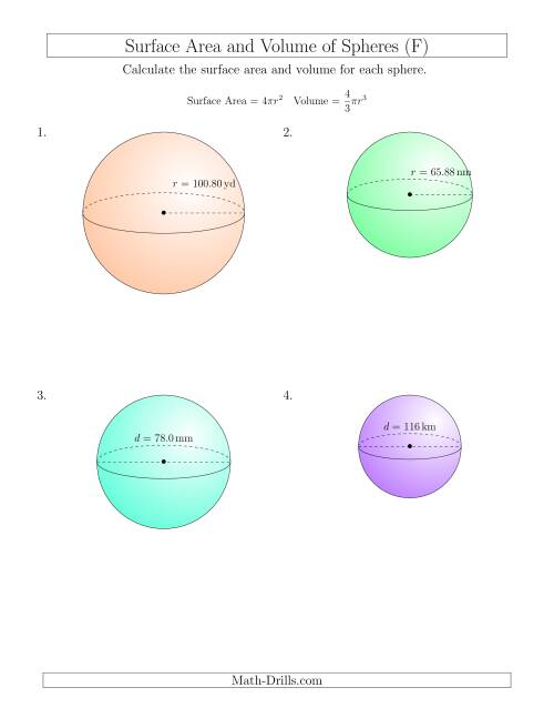 The Volume and Surface Area of Spheres (Large Input Values) (F) Math Worksheet