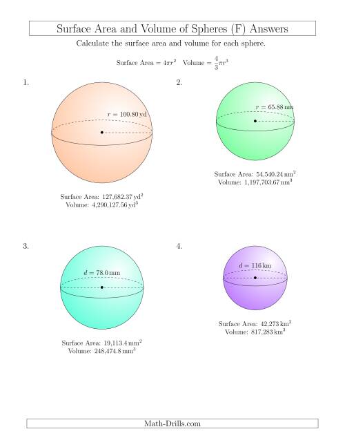 The Volume and Surface Area of Spheres (Large Input Values) (F) Math Worksheet Page 2