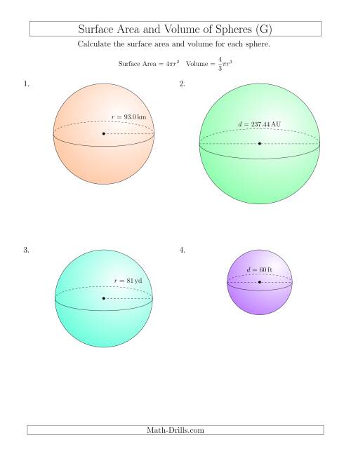 The Volume and Surface Area of Spheres (Large Input Values) (G) Math Worksheet