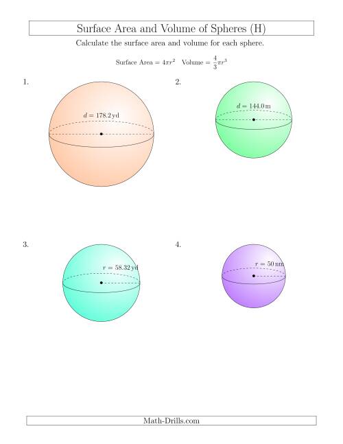 The Volume and Surface Area of Spheres (Large Input Values) (H) Math Worksheet