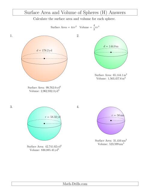 The Volume and Surface Area of Spheres (Large Input Values) (H) Math Worksheet Page 2