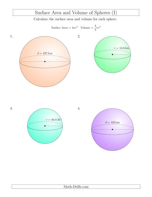 The Volume and Surface Area of Spheres (Large Input Values) (I) Math Worksheet