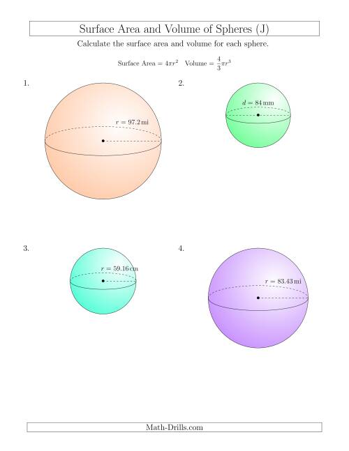 The Volume and Surface Area of Spheres (Large Input Values) (J) Math Worksheet