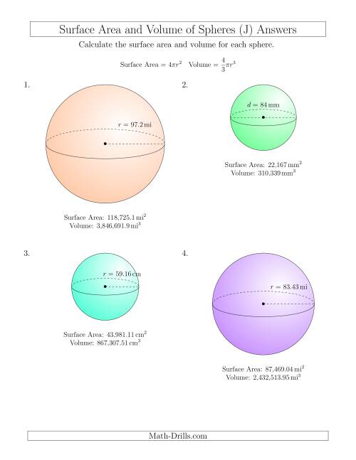 The Volume and Surface Area of Spheres (Large Input Values) (J) Math Worksheet Page 2