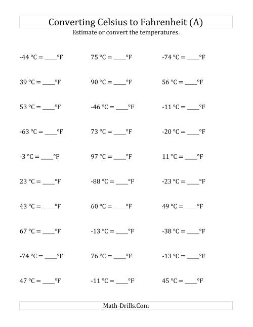 The Converting Celsius to Fahrenheit with Negative Values (A) Math Worksheet