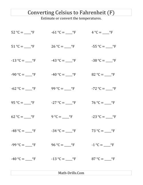 The Converting Celsius to Fahrenheit with Negative Values (F) Math Worksheet