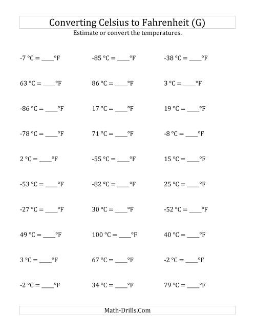 The Converting Celsius to Fahrenheit with Negative Values (G) Math Worksheet