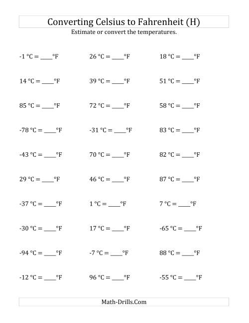 The Converting Celsius to Fahrenheit with Negative Values (H) Math Worksheet