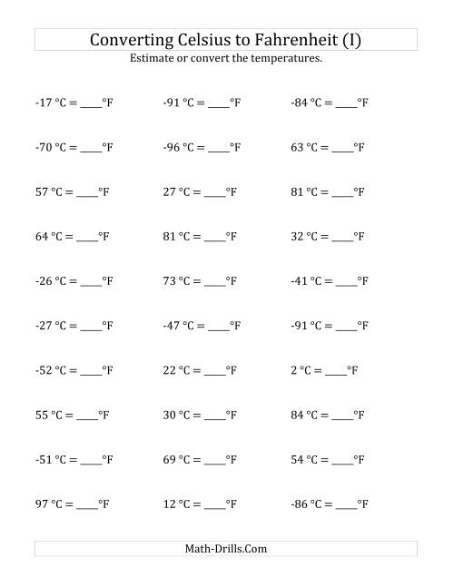 The Converting Celsius to Fahrenheit with Negative Values (I) Math Worksheet