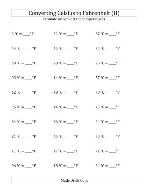 The Converting Celsius to Fahrenheit with No Negative Values (B) Math Worksheet