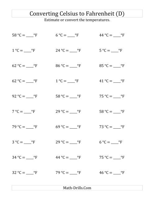 The Converting Celsius to Fahrenheit with No Negative Values (D) Math Worksheet