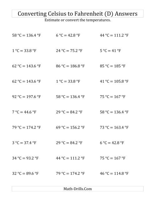The Converting Celsius to Fahrenheit with No Negative Values (D) Math Worksheet Page 2