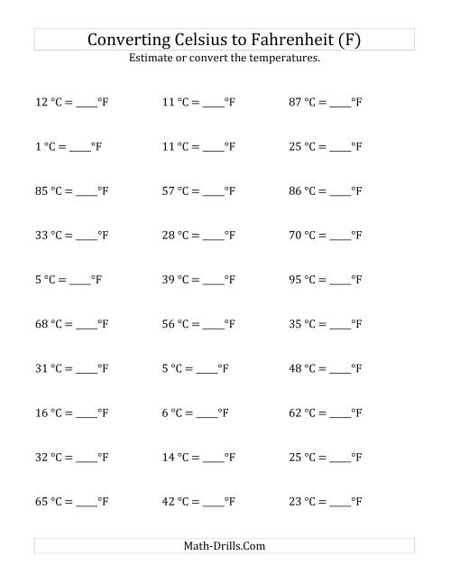The Converting Celsius to Fahrenheit with No Negative Values (F) Math Worksheet