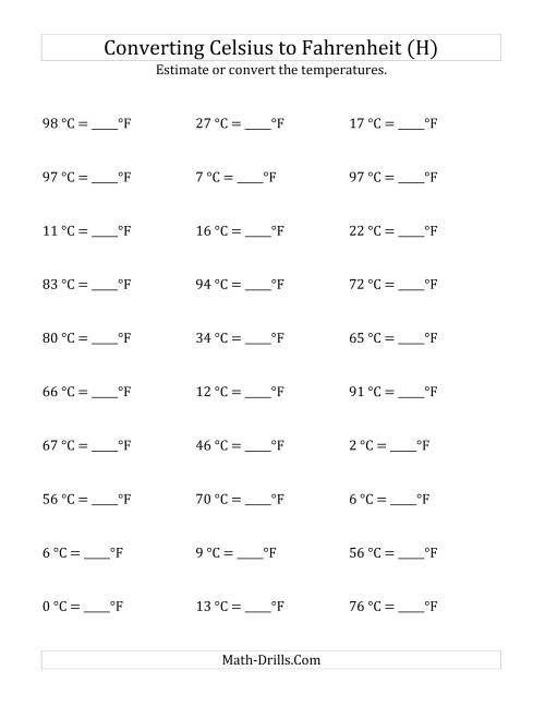 The Converting Celsius to Fahrenheit with No Negative Values (H) Math Worksheet