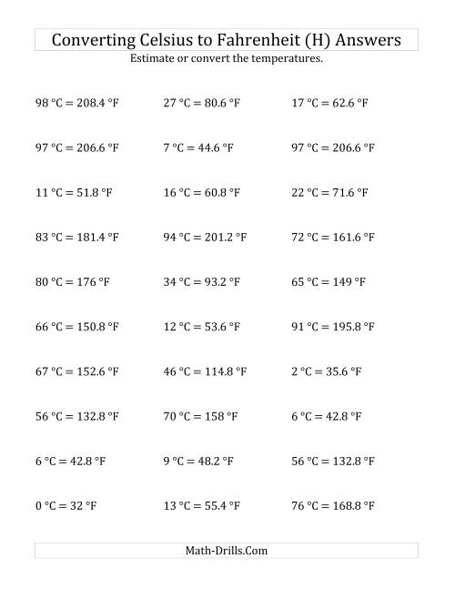 The Converting Celsius to Fahrenheit with No Negative Values (H) Math Worksheet Page 2