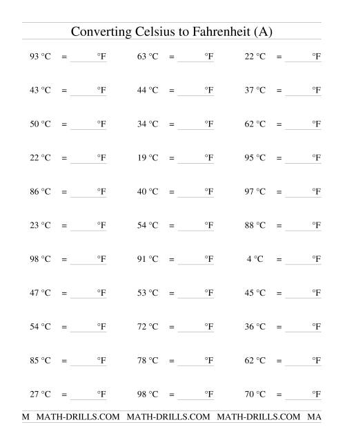The Converting Celsius to Fahrenheit with No Negative Values (Old) Math Worksheet