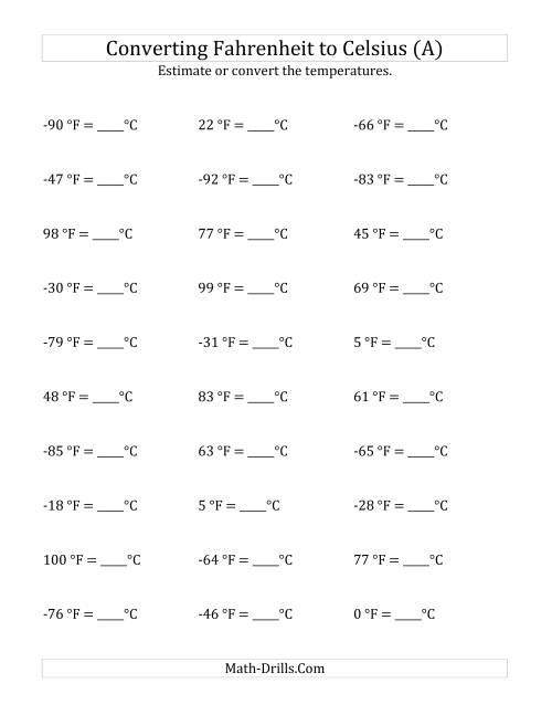 The Converting Fahrenheit to Celsius with Negative Values (A) Math Worksheet