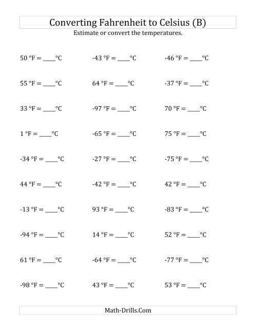 The Converting Fahrenheit to Celsius with Negative Values (B) Math Worksheet