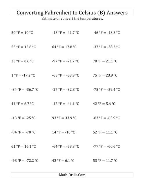 The Converting Fahrenheit to Celsius with Negative Values (B) Math Worksheet Page 2