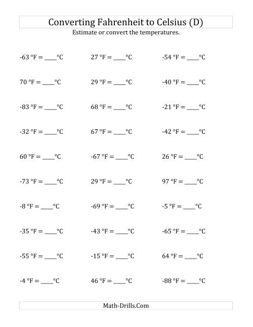 The Converting Fahrenheit to Celsius with Negative Values (D) Math Worksheet