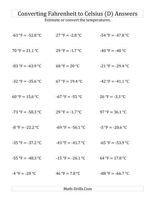 The Converting Fahrenheit to Celsius with Negative Values (D) Math Worksheet Page 2