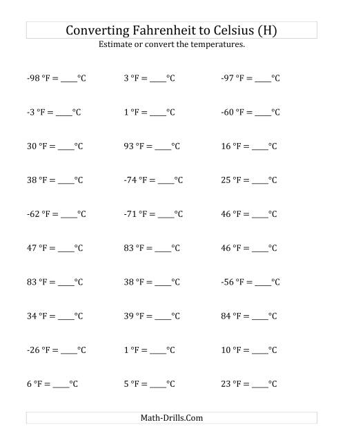 The Converting Fahrenheit to Celsius with Negative Values (H) Math Worksheet