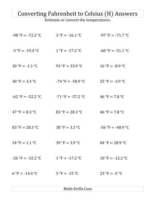 The Converting Fahrenheit to Celsius with Negative Values (H) Math Worksheet Page 2