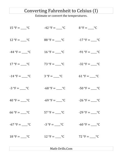 The Converting Fahrenheit to Celsius with Negative Values (I) Math Worksheet