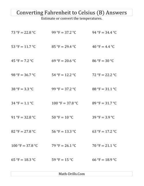 The Converting Fahrenheit to Celsius with No Negative Values (B) Math Worksheet Page 2