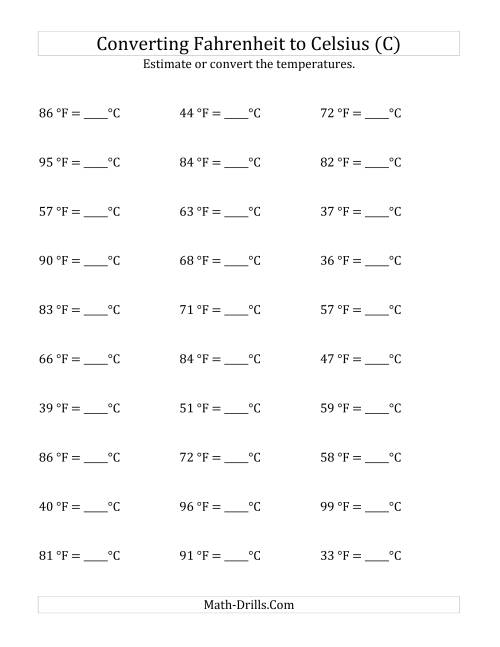 The Converting Fahrenheit to Celsius with No Negative Values (C) Math Worksheet