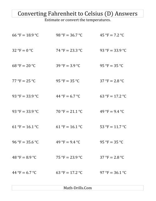 The Converting Fahrenheit to Celsius with No Negative Values (D) Math Worksheet Page 2