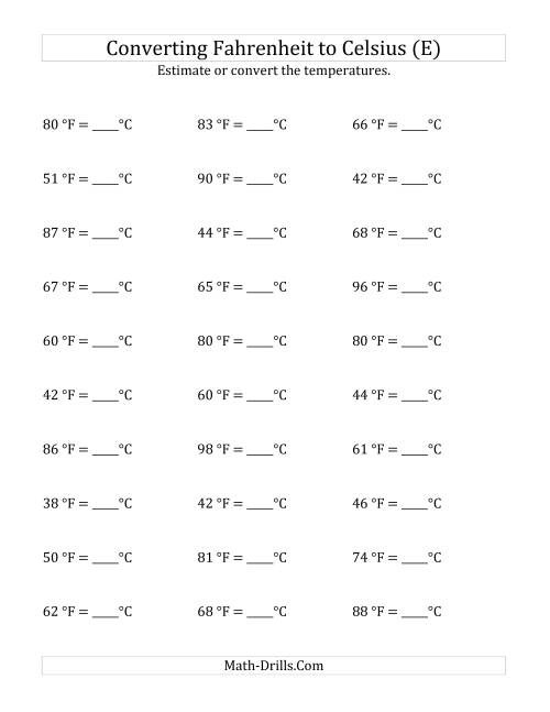 The Converting Fahrenheit to Celsius with No Negative Values (E) Math Worksheet