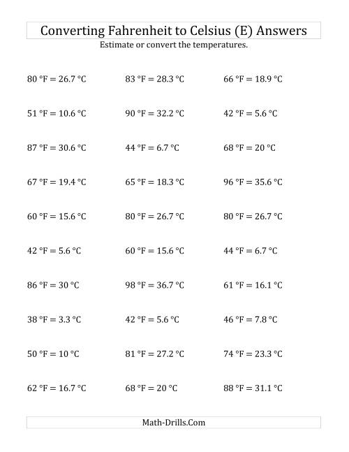 The Converting Fahrenheit to Celsius with No Negative Values (E) Math Worksheet Page 2