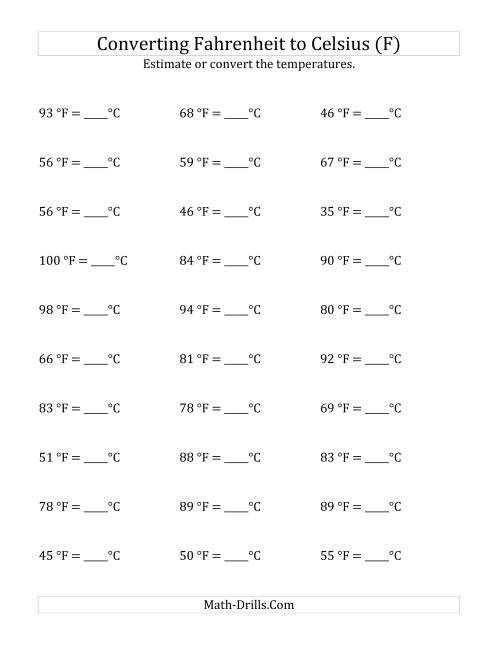 The Converting Fahrenheit to Celsius with No Negative Values (F) Math Worksheet