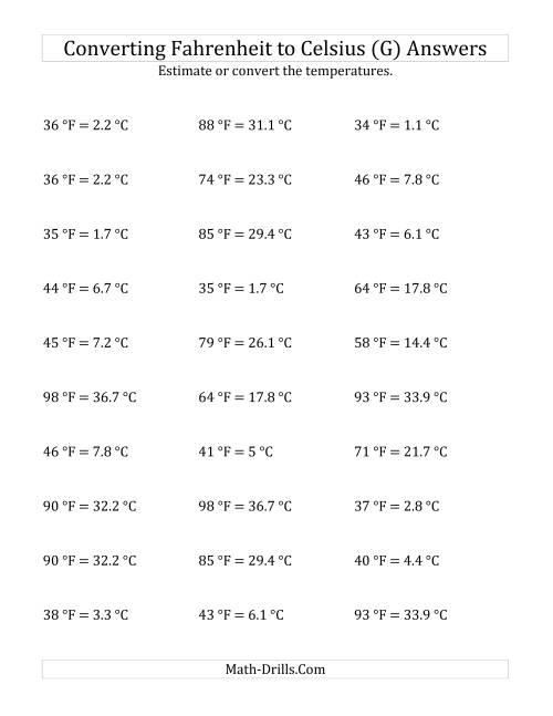 The Converting Fahrenheit to Celsius with No Negative Values (G) Math Worksheet Page 2