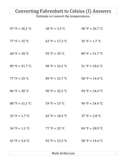 The Converting Fahrenheit to Celsius with No Negative Values (I) Math Worksheet Page 2
