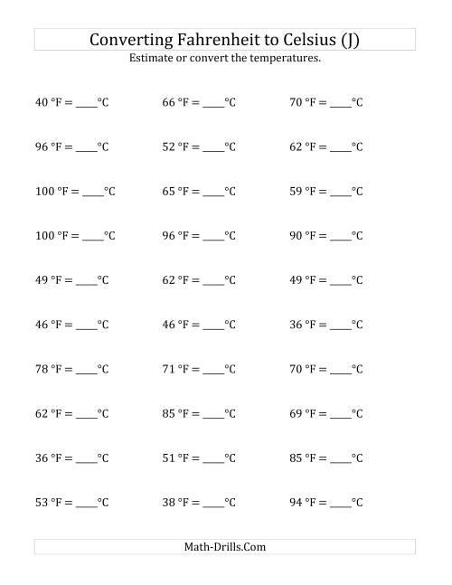 The Converting Fahrenheit to Celsius with No Negative Values (J) Math Worksheet