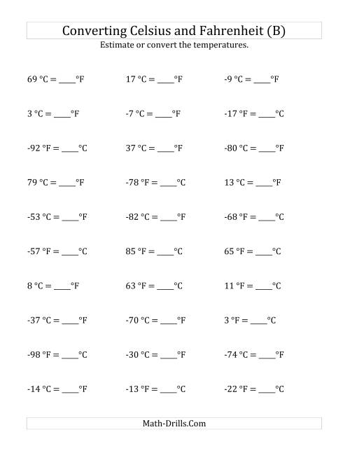 The Converting Between Fahrenheit and Celsius with Negative Values (B) Math Worksheet