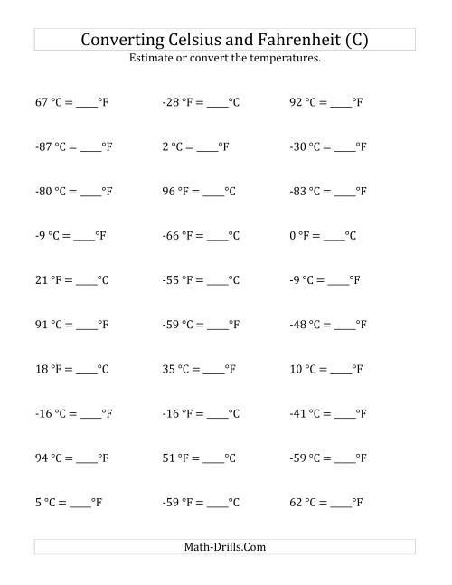 The Converting Between Fahrenheit and Celsius with Negative Values (C) Math Worksheet